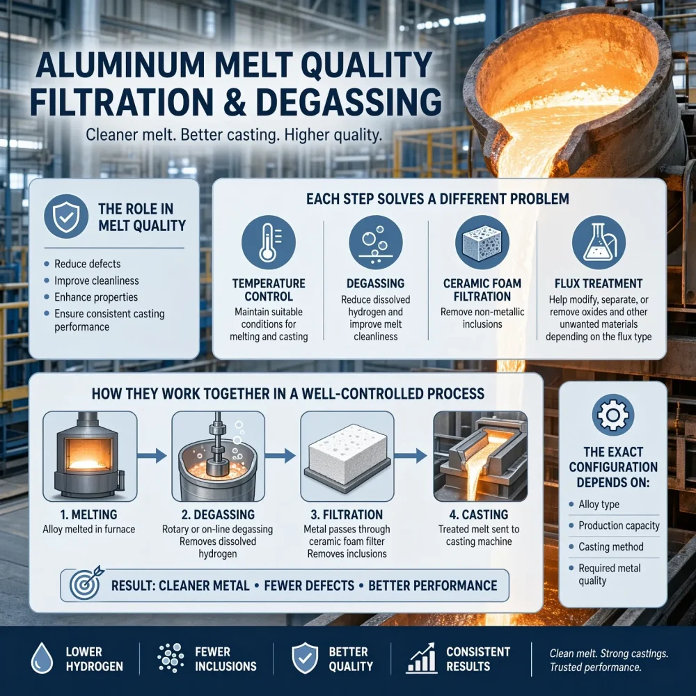 What is the role of filtration and degassing in aluminum melt quality?