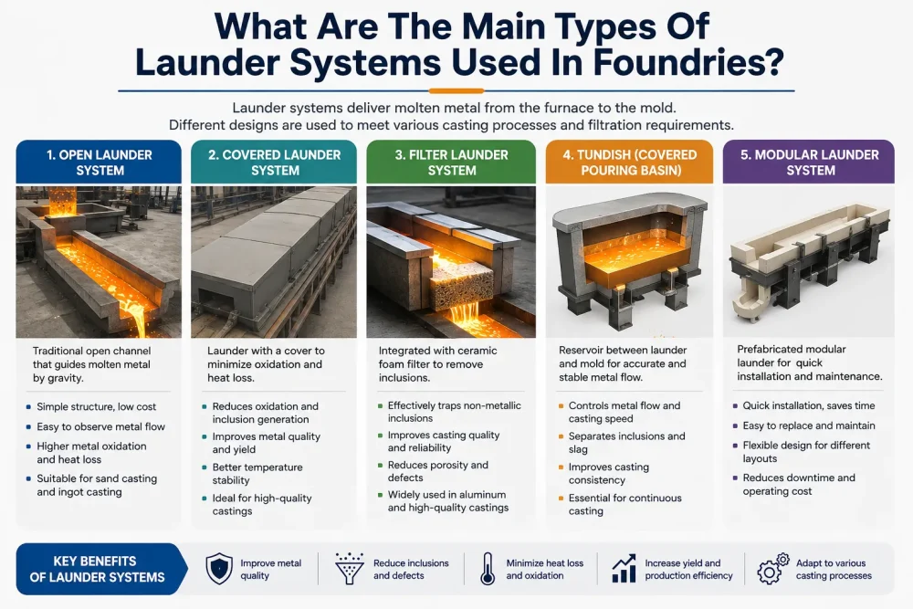 Main types of foundry launder systems for molten metal transfer, including open, covered, filter, tundish and modular launders.
