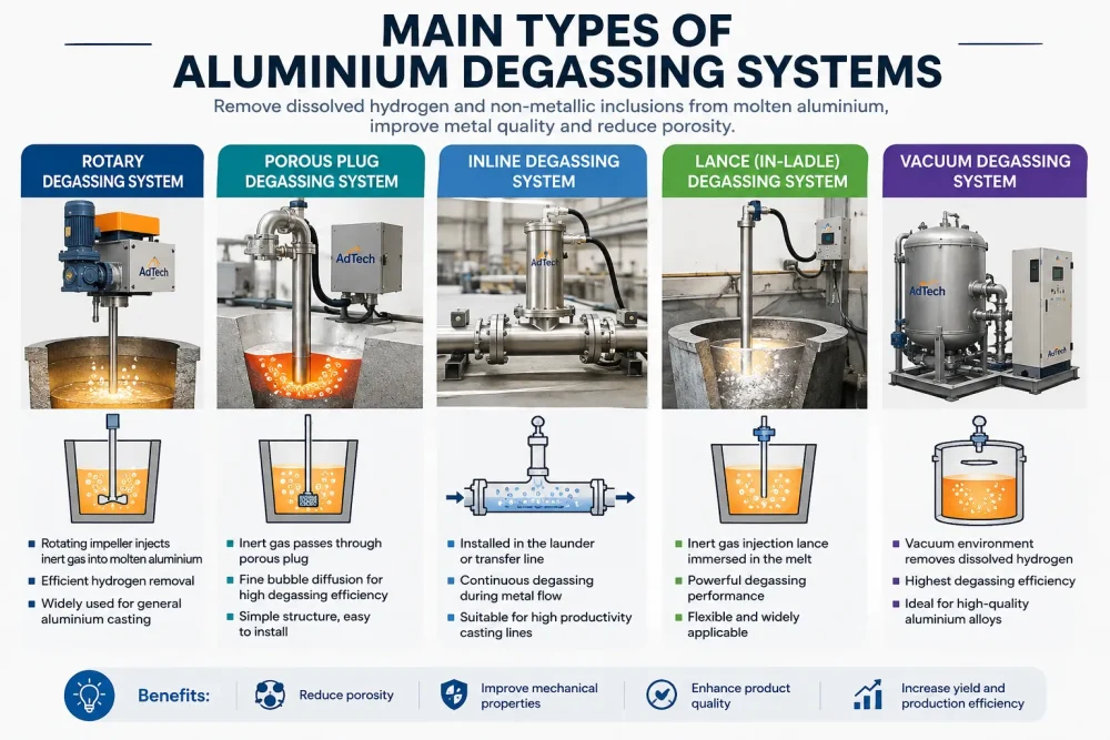 Main types of aluminium degassing systems for molten aluminium treatment, including rotary, porous plug, inline, lance and vacuum degassing equipment.