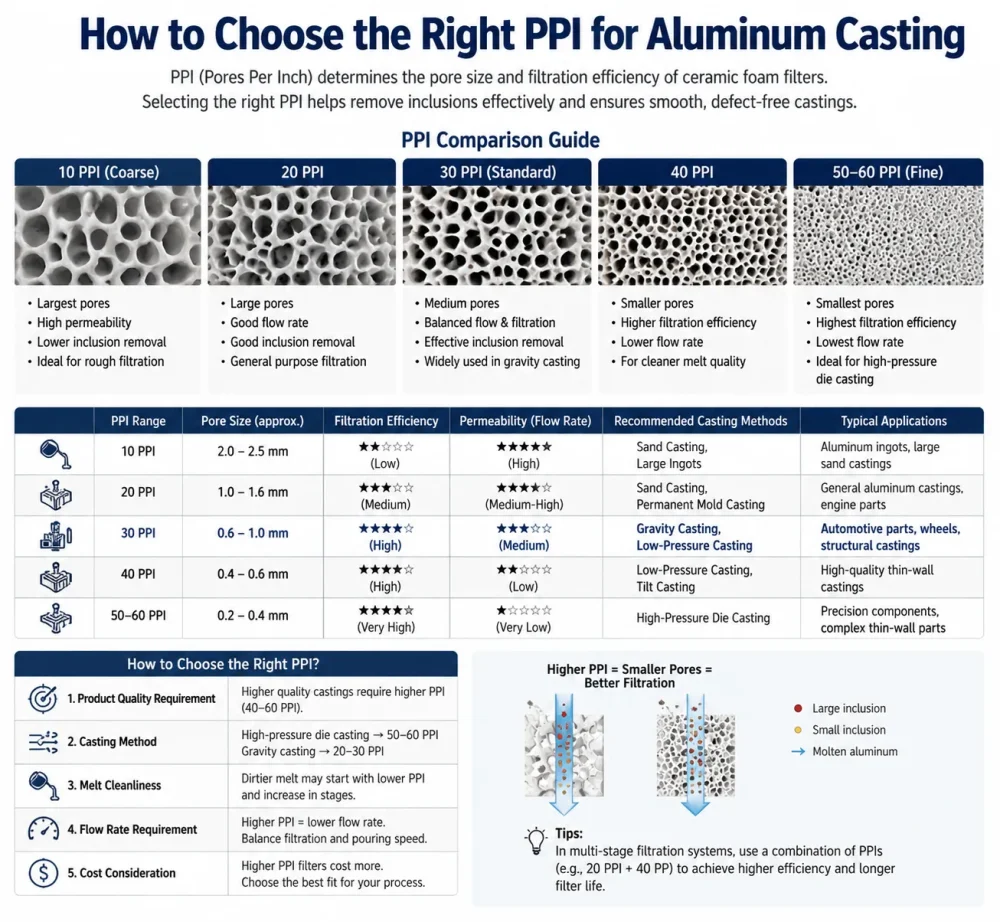 Ceramic foam filter PPI selection guide showing 10–60 PPI pore size, filtration efficiency and aluminum casting applications