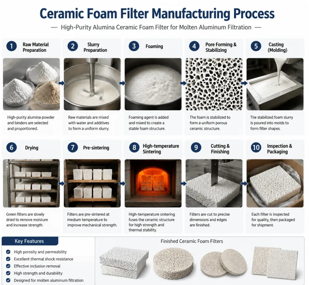 Alumina Ceramic Foam Filter manufacturing process including mixing, molding, sintering, inspection and packaging