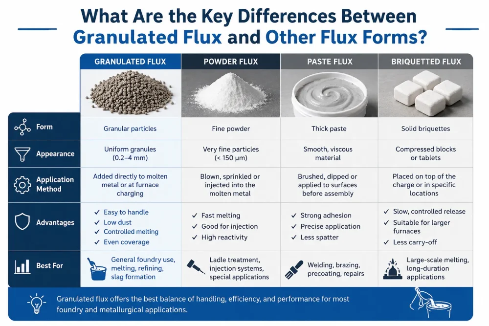 Granulated flux vs. powder, paste, and briquetted flux comparison chart.