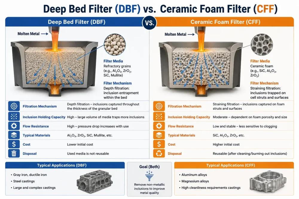 Side-by-side infographic comparing Deep Bed Filter (DBF) and Ceramic Foam Filter (CFF) technologies for molten metal filtration, featuring detailed cross-sectional diagrams of granular media and porous ceramic foam structures, blue and orange flow arrows showing filtration mechanisms, inclusion trapping performance, filtration capacity, flow resistance, cost, disposal methods, and typical casting applications for aluminum, ductile iron, and steel foundries.