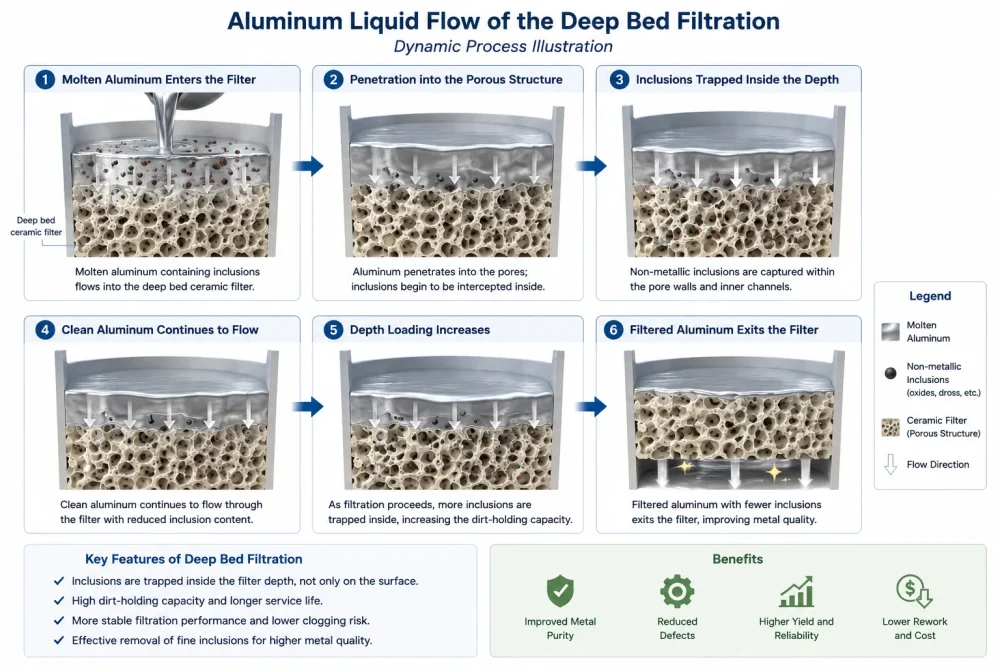 Aluminum Liquid Flow of the Deep Bed Filtration Dynamic Process lllustration