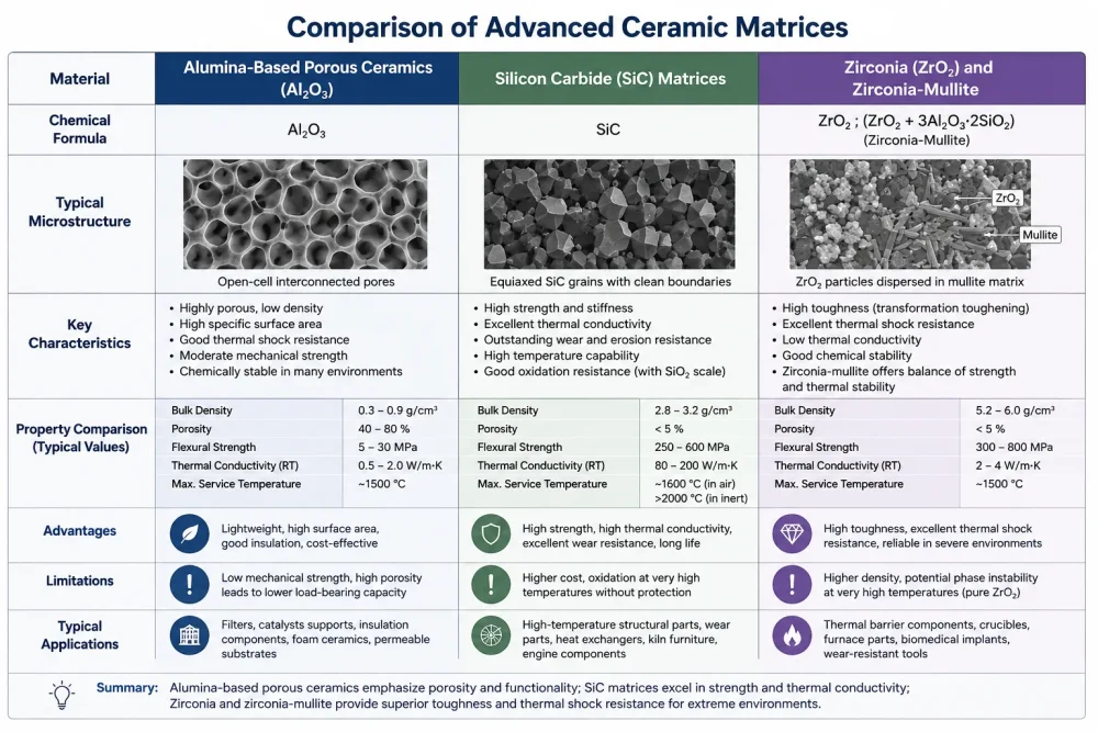 Comparison chart of advanced ceramic matrices showing Alumina-Based Porous Ceramics (Al2O3), Silicon Carbide (SiC) matrices, and Zirconia (ZrO2) with Zirconia-Mullite materials, including chemical formulas, microstructure images, key characteristics, density, porosity, thermal conductivity, flexural strength, temperature resistance, advantages, limitations, and industrial applications.
